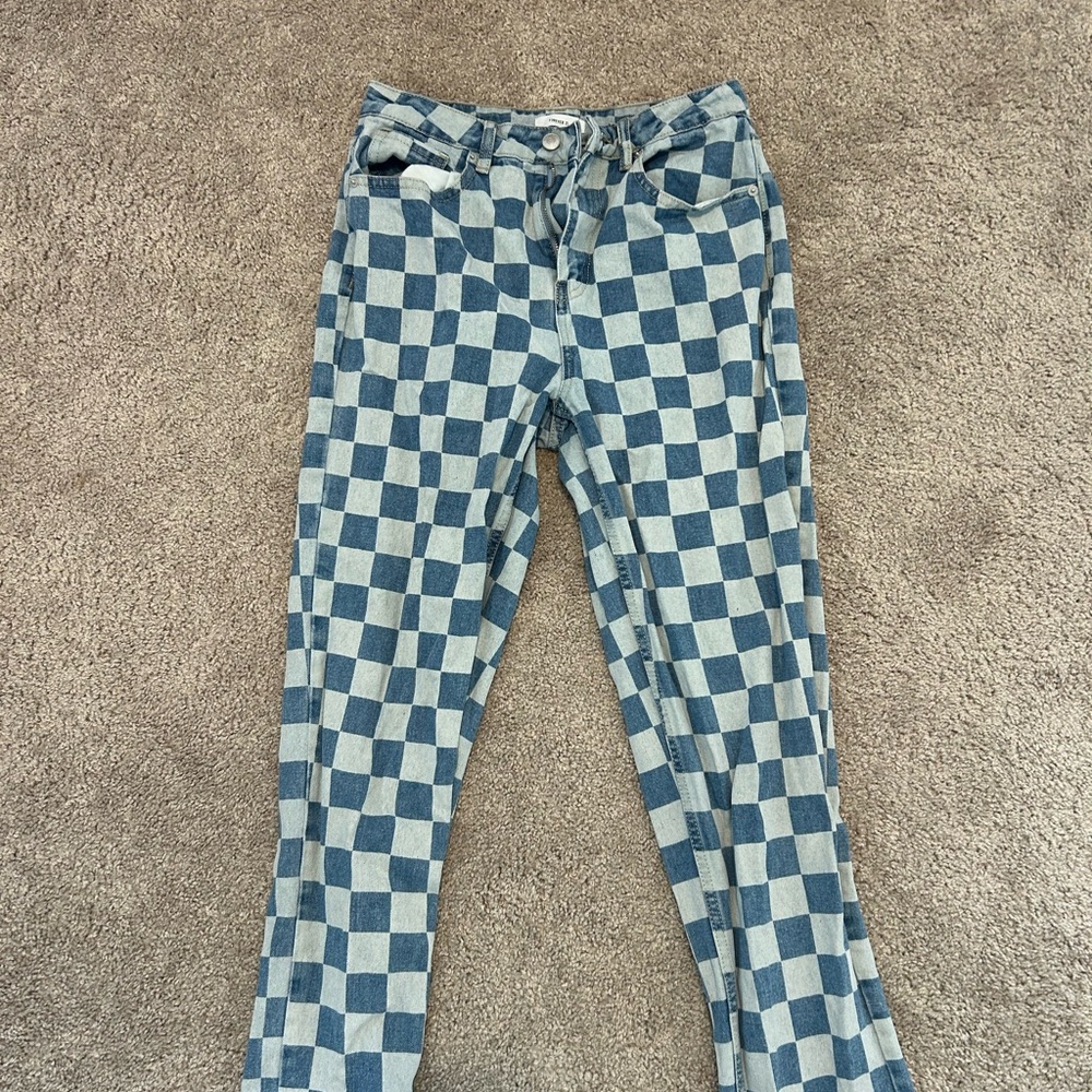 Checkered straight leg jeans